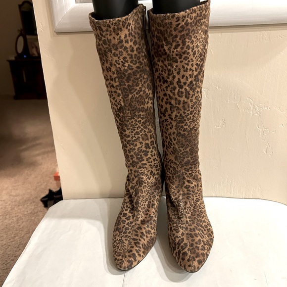 Shoes - Brown Heeled Boots with Animal Print